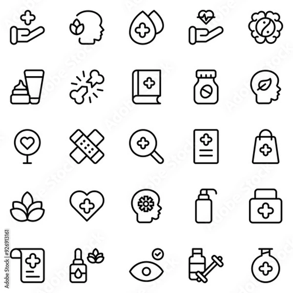 Fototapeta Collection of Basic Wellness Related Vector Line Icons. Contains Icons like Care, Antiseptic, Lotus, Mindset and more. Editable stroke. 48x48 pixels