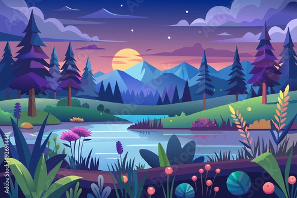 Obraz Serene Evening Landscape with Mountains, Lake, and Forest