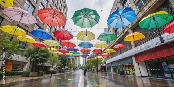 Fototapeta Wide-angle view of a rainy street with colorful hinged umbrellas protecting passersby , Rainy, Street