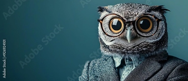 Fototapeta Owl in a business blazer wearing vintage round glasses, soft pastel library background, intellectual business vibe with text copy space