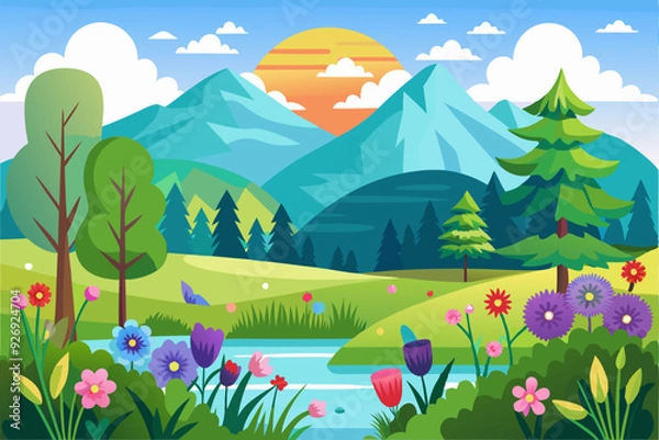 Obraz A Mountainous Landscape with a Stream and Blooming Flowers