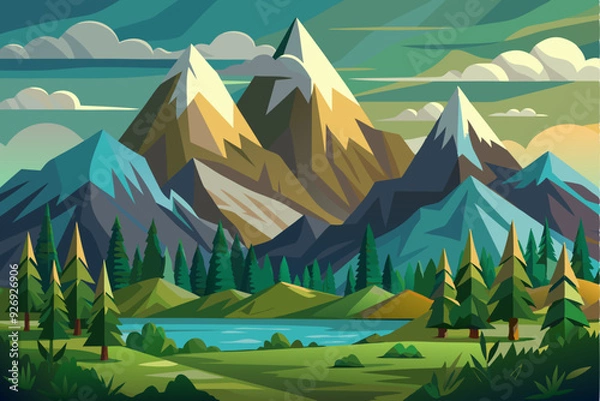 Obraz Majestic Mountain Range with a Serene Lake and Forest in the Foreground