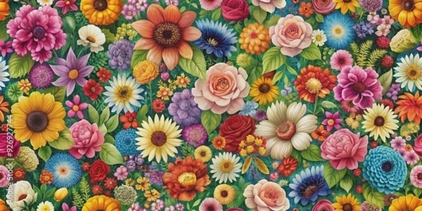 Fototapeta Seamless, dense floral pattern with a variety of colorful flowers and blooms for creative backgrounds, flowers, floral