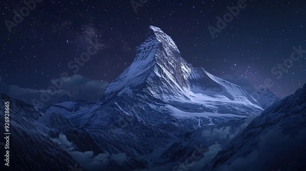 Fototapeta Stunning Nighttime Mountain Scenery with Snow-Capped Peak Illuminated by Starlight, Close-Up View of Majestic Alpine Landscape