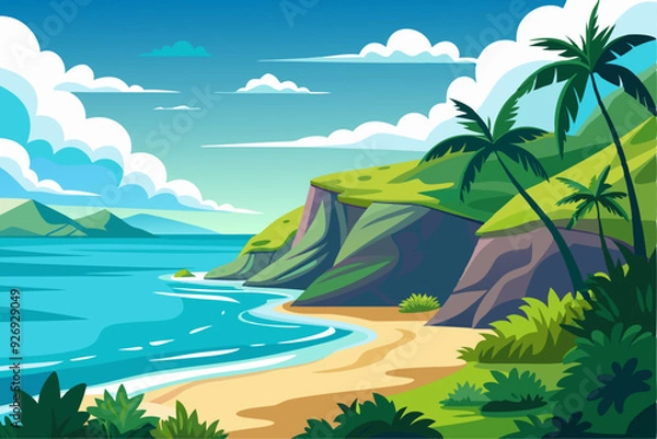 Obraz Tranquil Beach Landscape with Palm Trees and a Cliffside