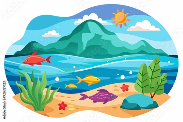 Fototapeta Underwater Scene with Colorful Fish and Sunny Beach