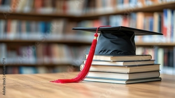Fototapeta The Path to Graduation A Black Graduation Cap Atop a Stack of Books, With a Red Tassel Draped Over a Wooden Table and a Blurred Library in the Background
