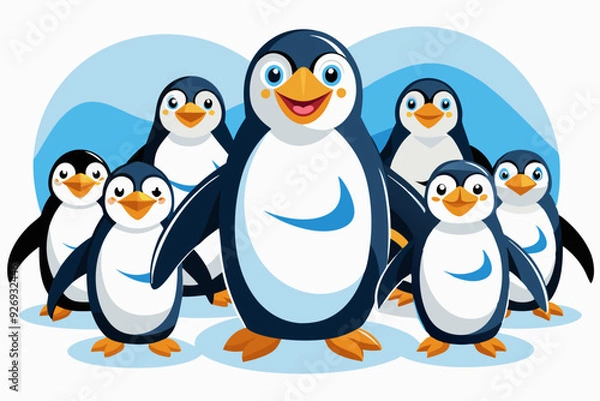 Obraz Group of Happy Cartoon Penguins Standing Together