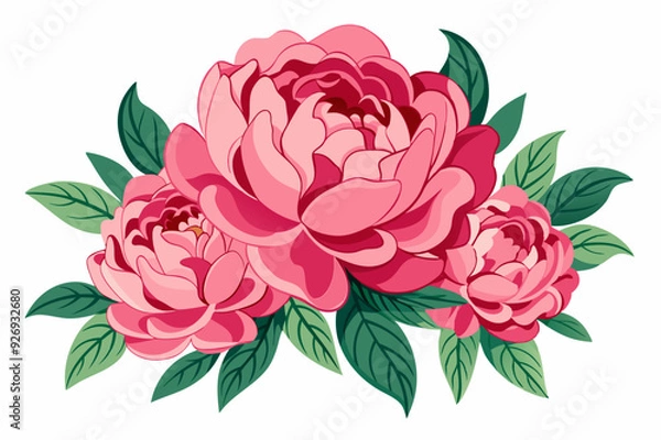 Obraz A cluster of three pink peonies with green leaves.