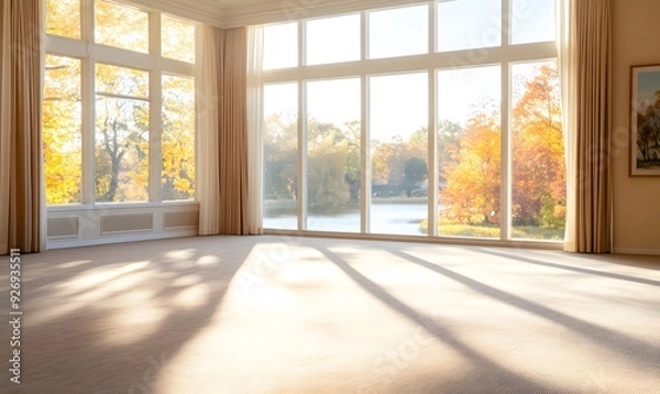 Fototapeta An empty room with floor-to-ceiling windows overlooking the lake and fall trees outside, Generative AI