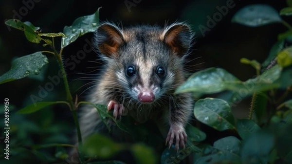 Fototapeta A baby possum with dark eyes and ears, sticking its face out from the foliage of a bush.