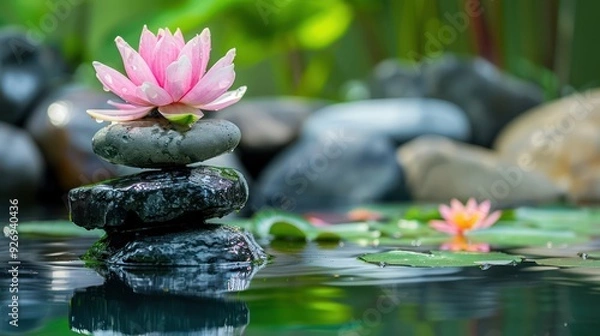 Obraz Pink orchids and black pyramid stones. Health background
