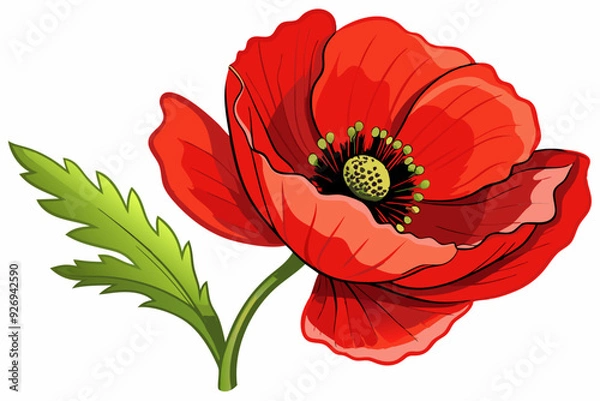Obraz A Single Red Poppy Flower with Green Stem and Leaf