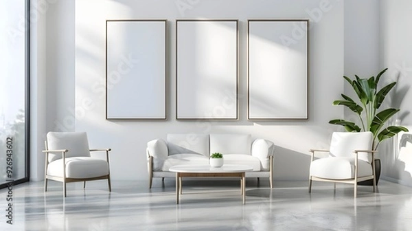 Fototapeta Minimalist Lobby with Simple Furniture and Modern Decor,Clean Interior Design with Frame Mockup