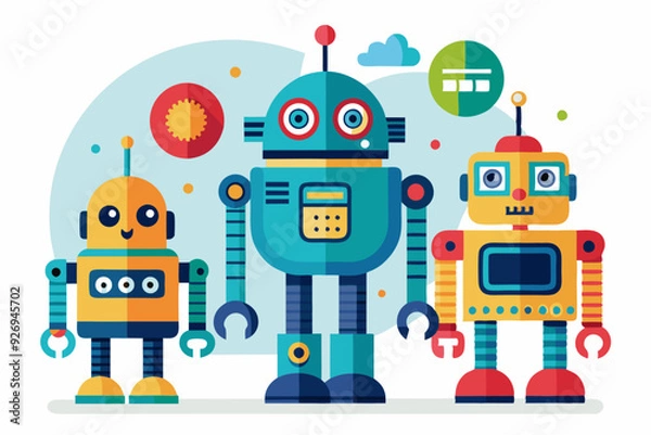 Fototapeta Three Friendly Robots Standing Together in a Playful Setting