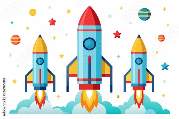 Obraz Three Cartoon Rockets Launching into Space