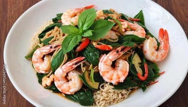 Fototapeta  Delicious shrimp stirfry with fresh greens and rice