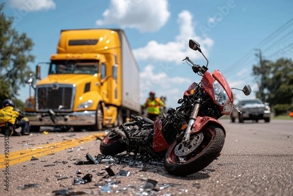 Fototapeta A red motorcycle is laying on the road next to a yellow semi truck, accident on the road