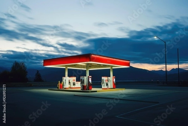 Fototapeta A gas station with a red roof and neon light. The gas station is empty and the sky is cloudy