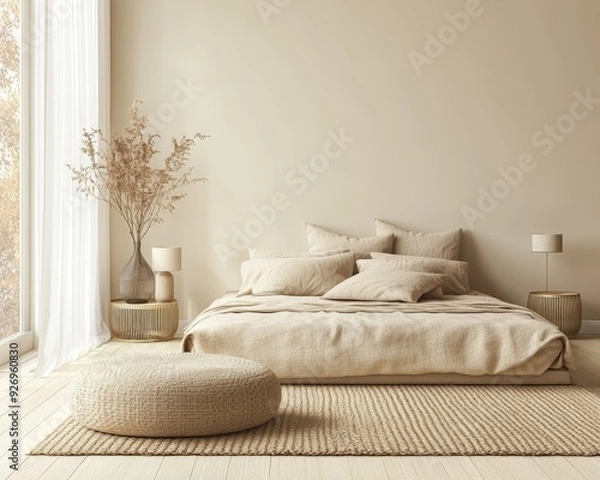Fototapeta Minimalist Bedroom with Neutral Tones Wide Angle View of a Serene Bed with Beige Linens a Woven Rug and a Fluffy Pouf