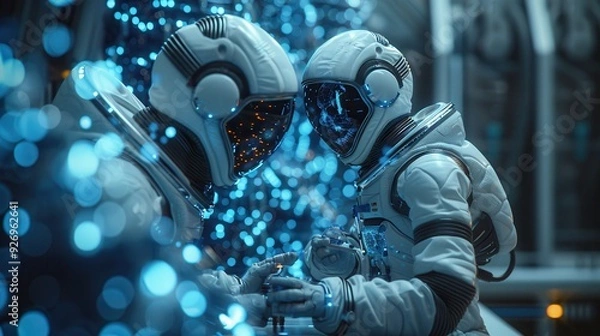 Fototapeta Interstellar Collaboration: Alien and Human Scientists in Futuristic Laboratory Setting - Concept of Unity in Science