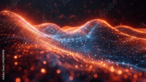 Fototapeta Quantum Computing Power Concept with Energy Waves and Particles, Copy Space on Left