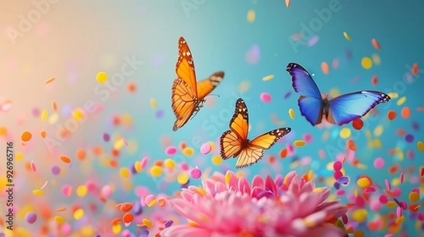 Fototapeta Multicolored butterflies pastry sprinkles fly out of the flower on colorful background
