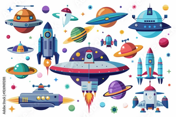 Fototapeta Cartoon Spacecraft and Planets in Outer Space