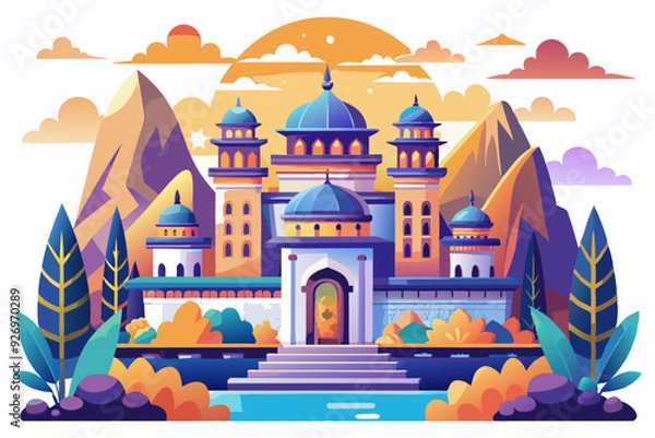Obraz A Colorful Illustration of a Mosque with Surrounding Nature