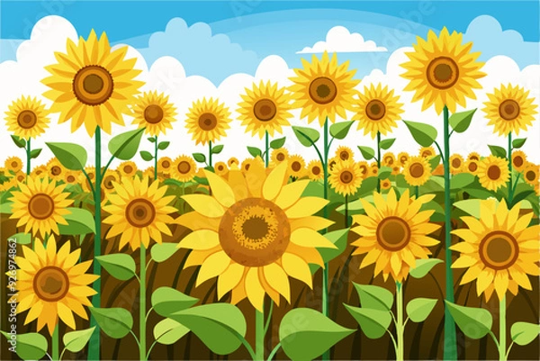 Obraz A field of sunflowers with a blue sky and fluffy white clouds in the background