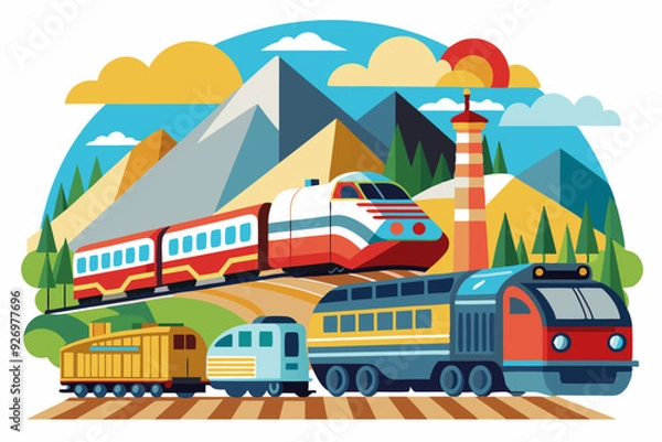 Obraz Four Trains Traveling Through a Mountainous Landscape