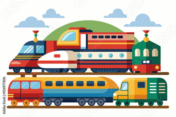 Fototapeta Colorful Train Set with Two Locomotives and Passenger Cars