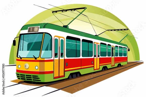 Obraz A Colorful Tram on Train Tracks in a Green Landscape