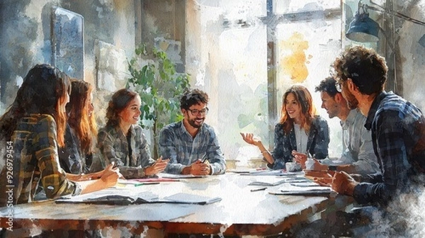 Obraz Watercolor scene of a meeting with diverse team members sharing ideas.
