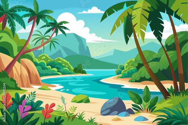 Obraz Tropical Beach Landscape with Palm Trees and River