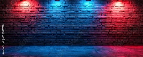 Obraz A brick wall with red and blue lights, background, floor light