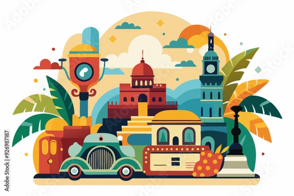 Fototapeta A Colorful Illustration of a Cityscape with Buildings, a Car, and Palm Trees