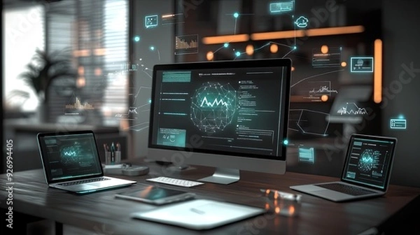 Fototapeta A modern workspace with multiple smart devices connected seamlessly, displaying collaborative documents in a cloud interface, clear light, realistic photo 8K
