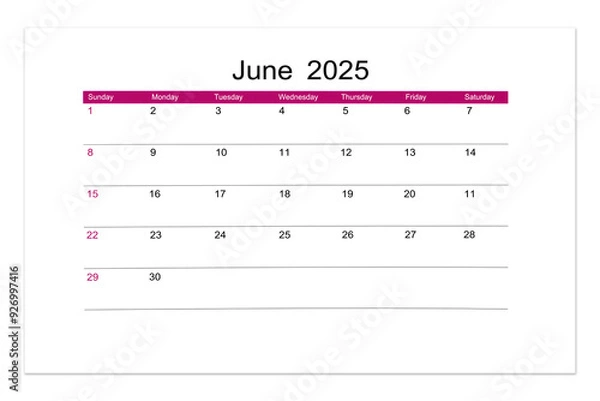 Fototapeta June 2025 Calendar page for 2025 year isolated on white, Saved clipping path.