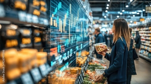 Obraz People shopping in a grocery store with an overlaid stock market graph. The graph displays fluctuating financial data