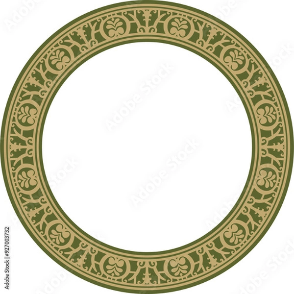 Fototapeta Vector round gold with green border, frame, Pompeii ring. Circle Neopolitan ornament. Art of Ancient Rome