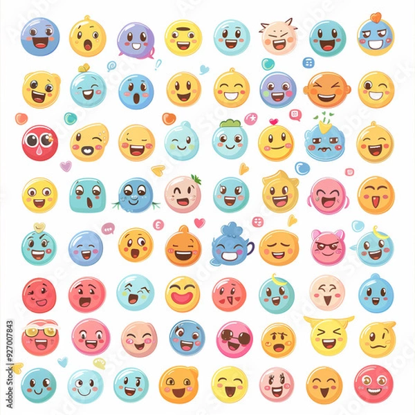 Fototapeta Cute and Colorful Emoji Faces Collection on White Background