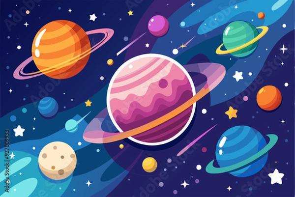 Fototapeta Colorful Planets and Stars in a Dark Blue Galaxy