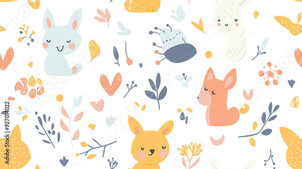 Fototapeta Adorable seamless pattern with cute animals and plants in pastel colors on a white background. Perfect for children's products and gentle themes.