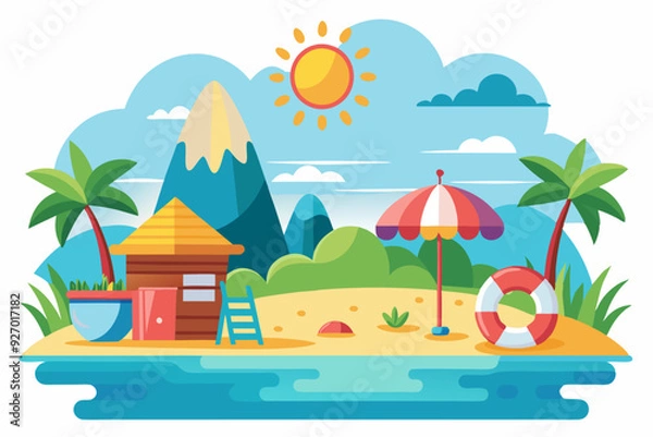Obraz Tropical Beach Scene with Hut, Palm Trees, and a Lifebuoy