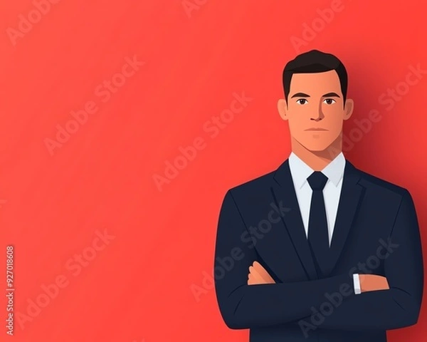 Fototapeta Confident businessman in suit with arms crossed against red background.