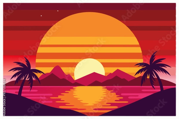 Obraz Sunset Over Tropical Beach with Palm Trees and Mountains