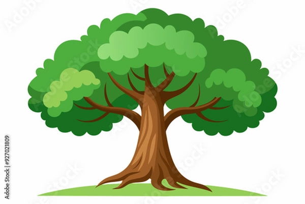 Obraz A Cartoon Tree with Green Foliage and Brown Trunk on a Green Patch