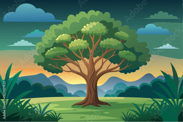 Fototapeta A Tall Tree Stands Alone in a Green Meadow at Sunset