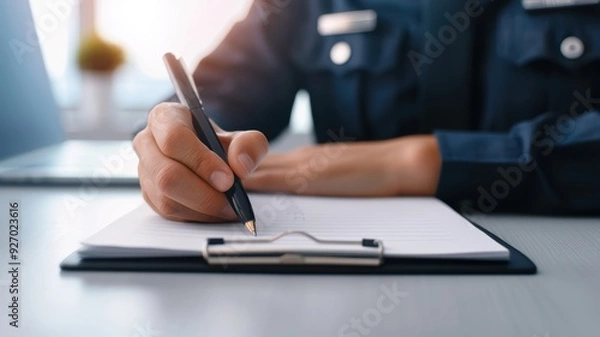 Obraz A close-up of a hand Policeman holding a pen, writing on a clipboard. police officer